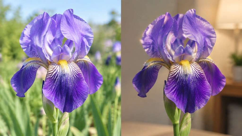 One iris photographed in daylight and again in indoor light, side by side.