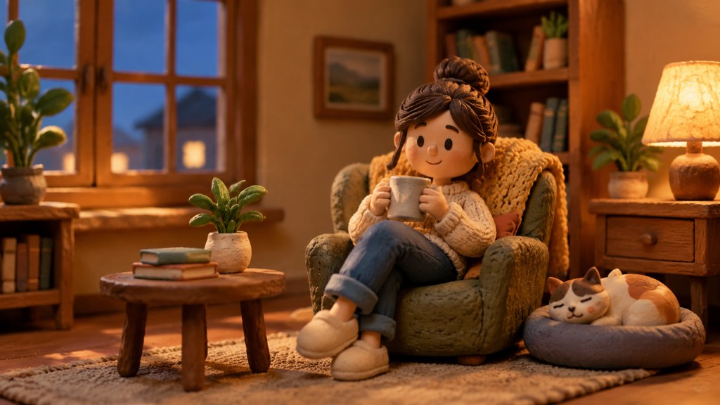 A small clay character on a handmade set under warm lamps.