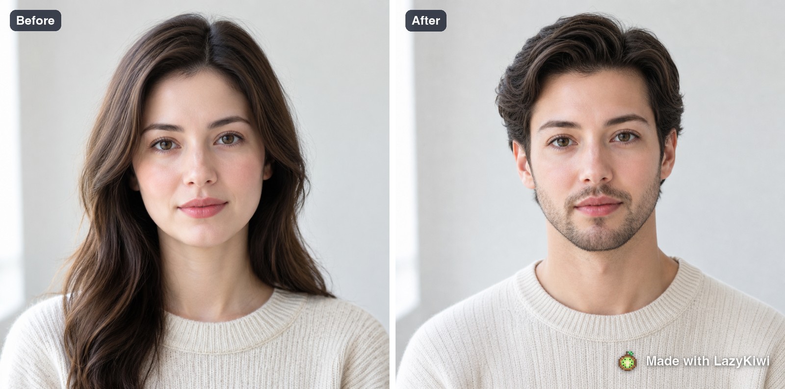 First run, feminine to masculine: brow lowered, jaw squared, stubble added, eye colour and knitwear untouched, 13 credits.