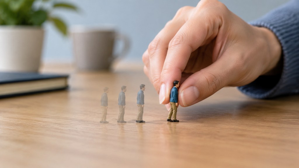 A hand moving a small figure a few millimetres, with previous positions ghosted.