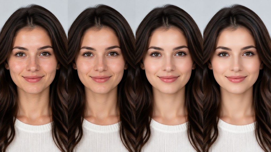 The same portrait at four retouch strengths: the third is usually right and the fourth is where pores disappear.