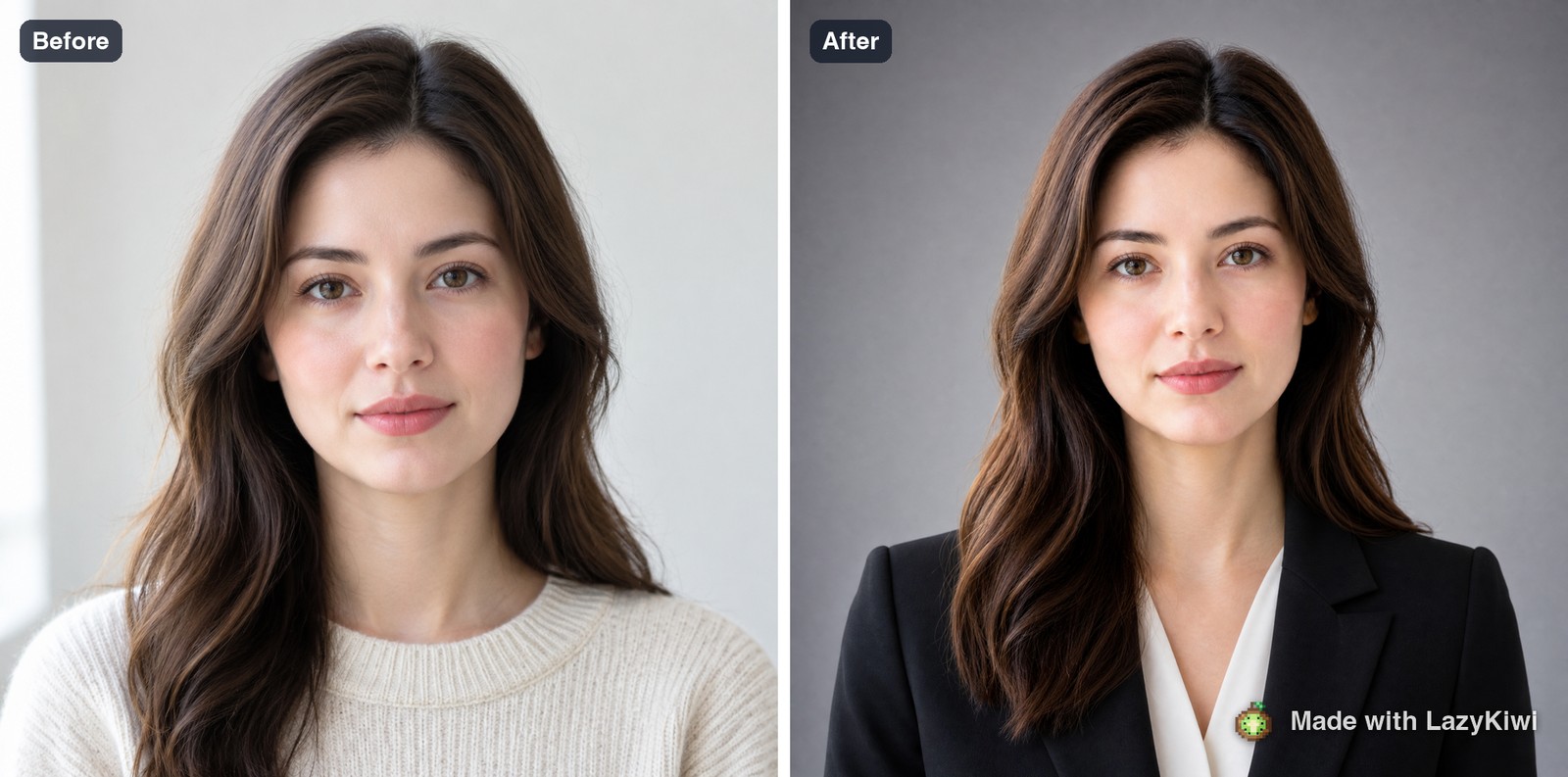 Before and after for 13 credits: the flat snapshot on the left, and on the right a graduated grey background, side light and a blazer.