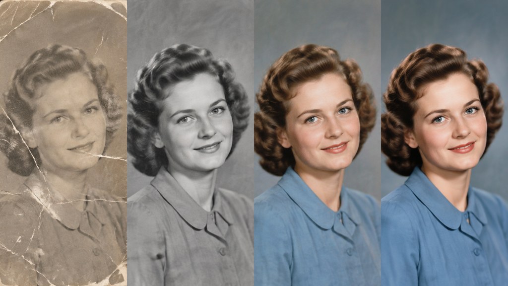 The order of operations in four frames: faded original, structural repair, colour, then enlargement last.