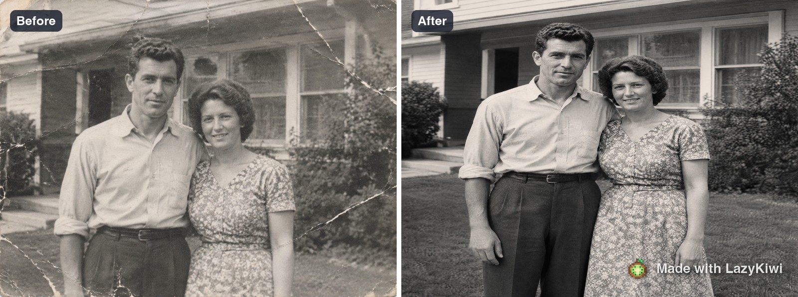 Before and after on the demo print: a creased sepia scan of a 1950s couple beside the first restoration pass, which cost 13 credits.