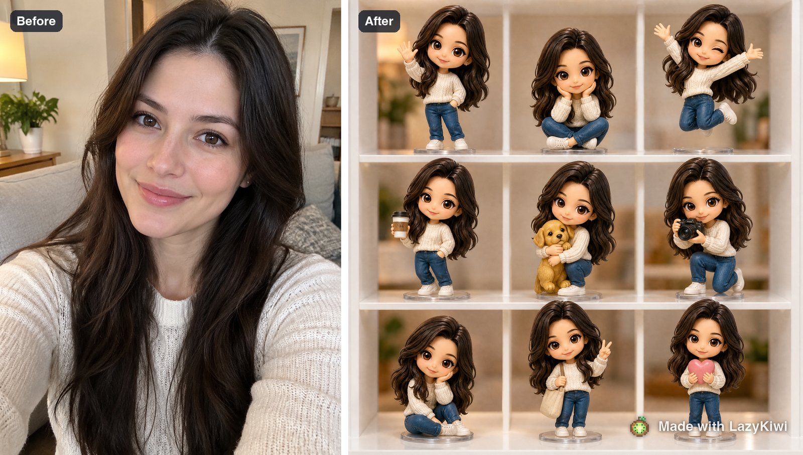 The uploaded selfie beside the nine-panel result, 1:1 at 1K for 13 credits.