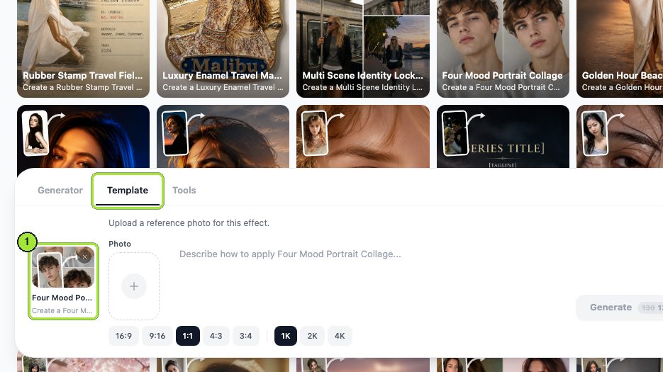 The Template tab of the image workbench with Four Mood Portrait Collage selected, before any upload.