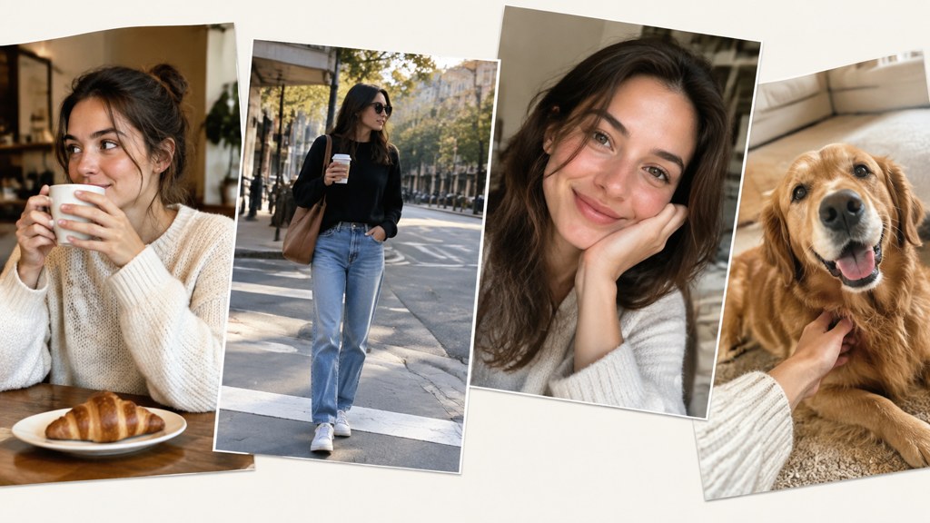 A week-in-the-life mix: coffee, a street, a portrait and a pet, arranged loosely rather than graded to match.