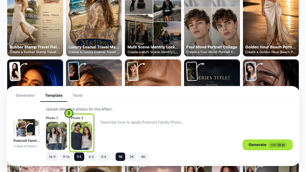 The second upload box takes the other person's photo. Two-photo templates will not generate until both boxes are filled.