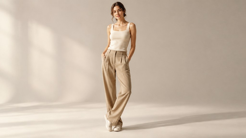 Contrapposto under soft studio light: the hip on the loaded side rides high and the opposite shoulder drops.
