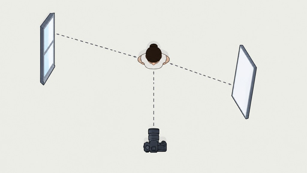 Overhead plan of the setup: the subject between a window on one side and a white card on the other, camera in front at eye level.