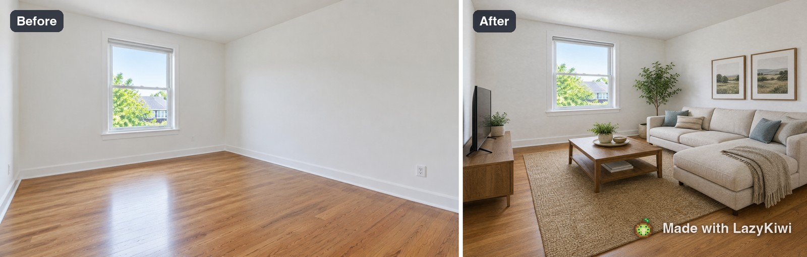 Empty room in, staged room out: GPT Image 2 at 4:3 and 1K, 13 credits for the render. Watermarked.