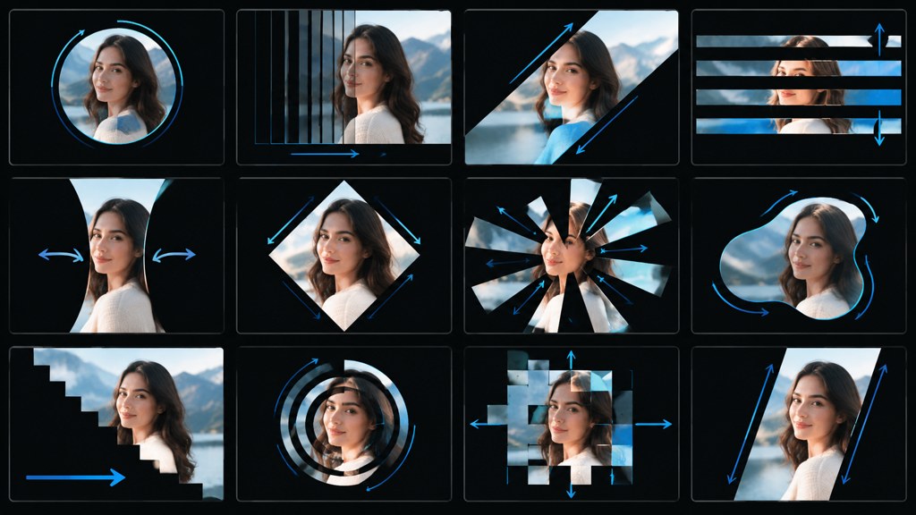 Twelve small motion-path diagrams showing different reveal patterns.