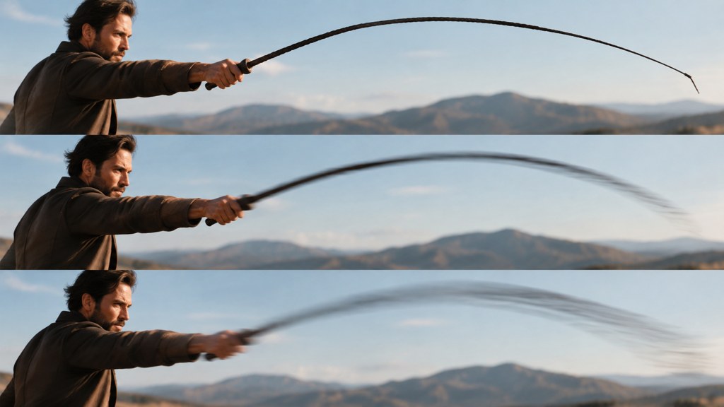 Three consecutive frames of a horizontal whip with increasing motion blur.