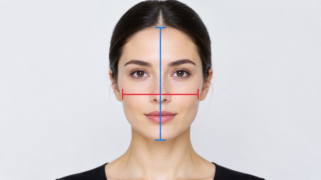 Length and cheekbone width marked on a frontal portrait. Those two lines carry most of the decision.