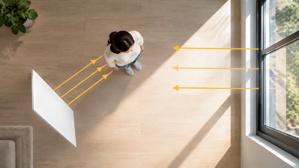 A person, a window and a white card. The card is the free reflector that fills the shadow side.