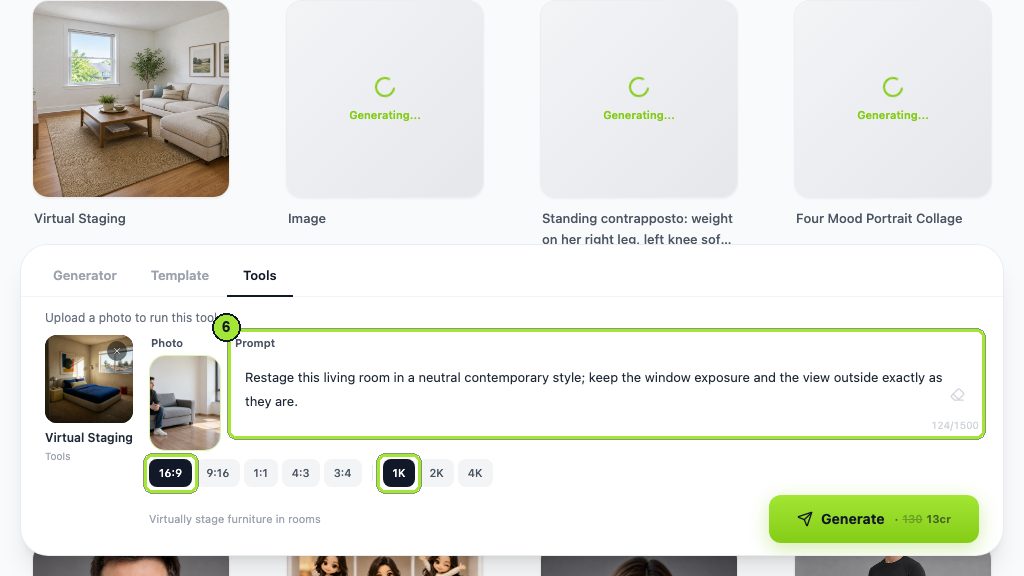 The second run changes the prompt and the ratio to 16:9 for a furnished room restyle.