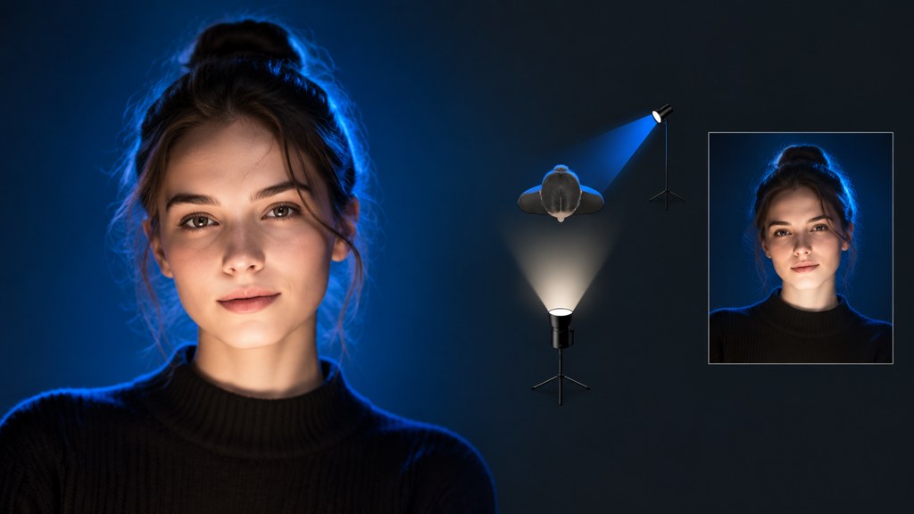 One lamp below, one coloured light behind. That is the whole rig for most of these shots.