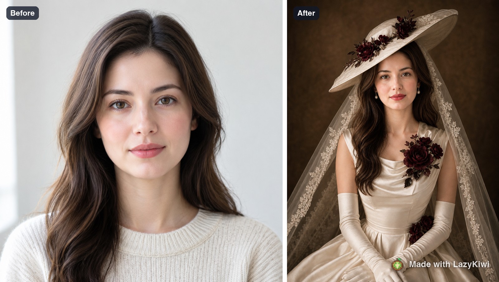 Before and after on a single portrait: the input on the left, the template output on the right, 13 credits for the run. LazyKiwi watermark added.