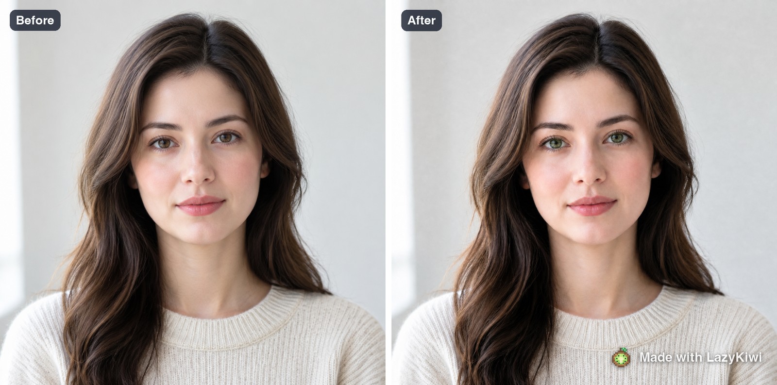 Before and after from the first run: the original headshot beside the green-eyed result, GPT Image 2 at 1:1 and 1K for 13 credits, watermarked.