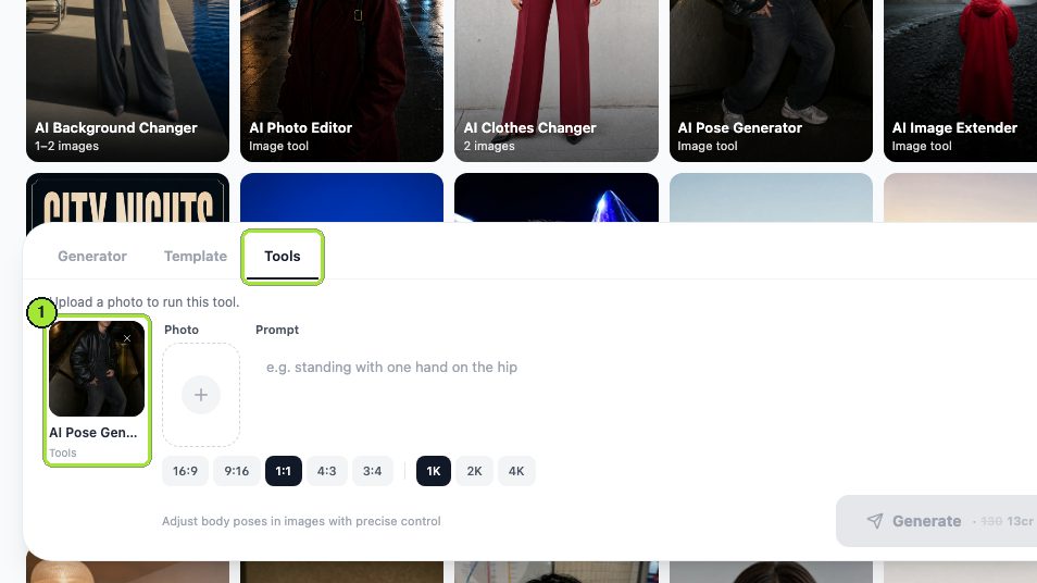 The Tools tab of the image workbench with AI Pose Generator selected in the composer.