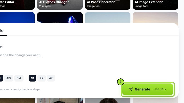 The Generate button shows 130 credits struck through and 13 credits charged, before the run starts.
