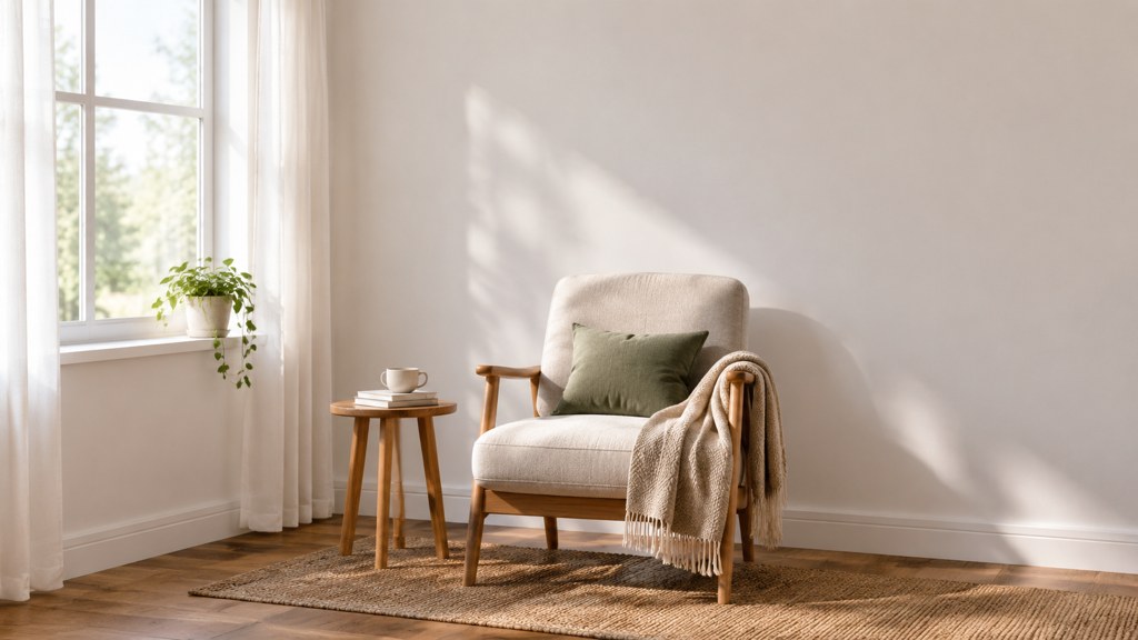 The home setup that does most of the work: one window, one plain wall, one chair, nothing else in frame.