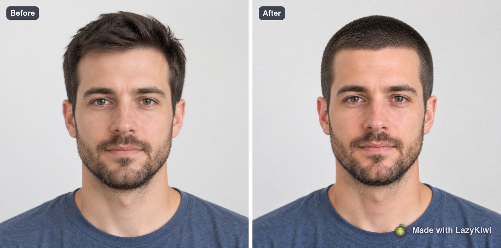 Before and after: full hair on the left, the number 4 at about 13 mm on the right, 13 credits.