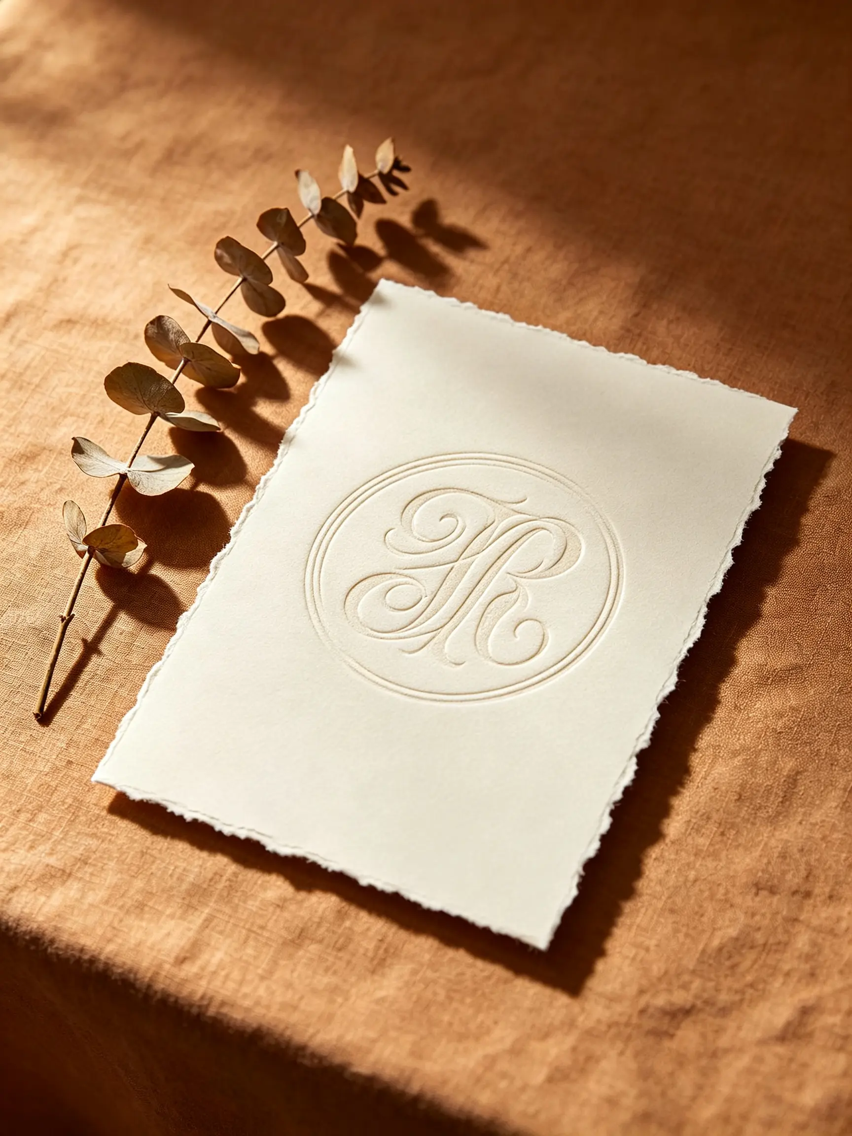 A circular script monogram embossed on a deckled invitation card