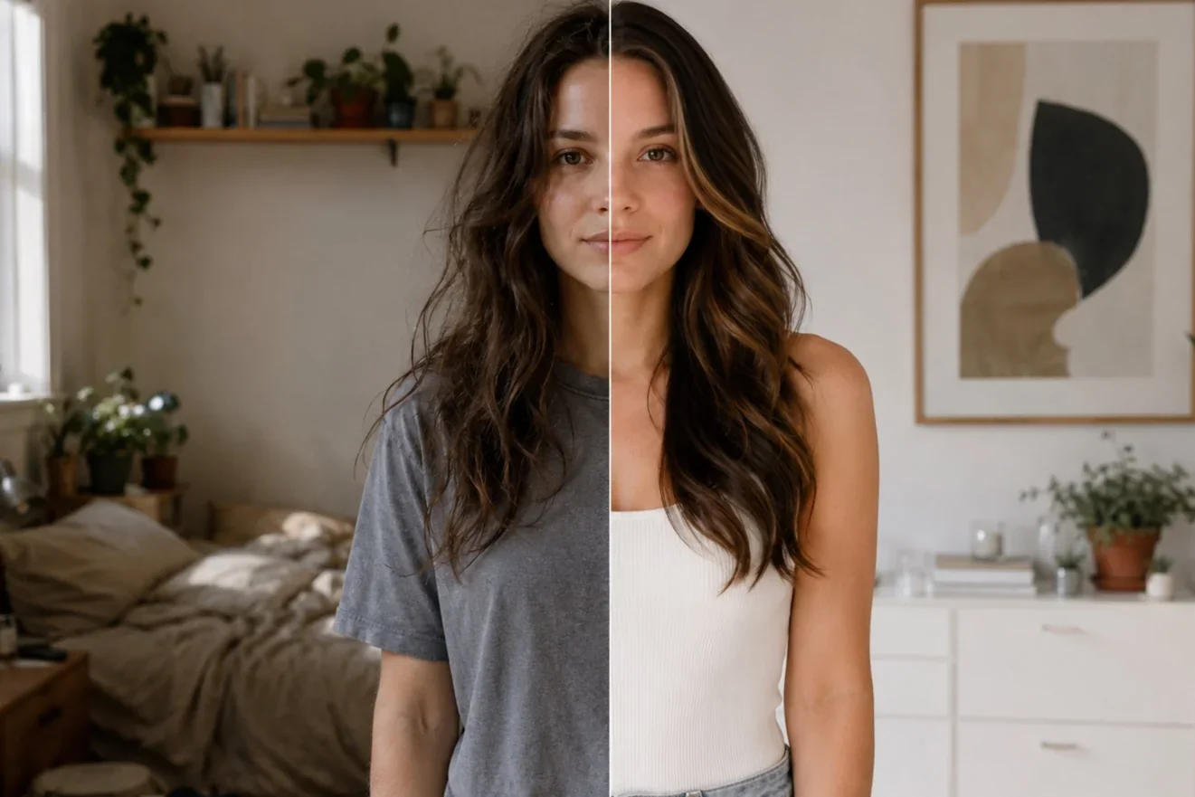 A transformation effect creates a clear before-and-after that pulls viewers forward.