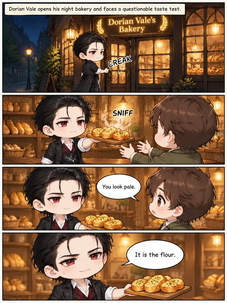 Night Bakery Problems, page 1: Four gag strips about a vampire who runs a bakery: garlic bread, mirrors, sunrise and a gift.