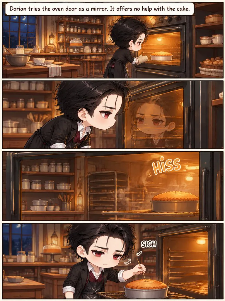 Night Bakery Problems, page 2: Four gag strips about a vampire who runs a bakery: garlic bread, mirrors, sunrise and a gift.