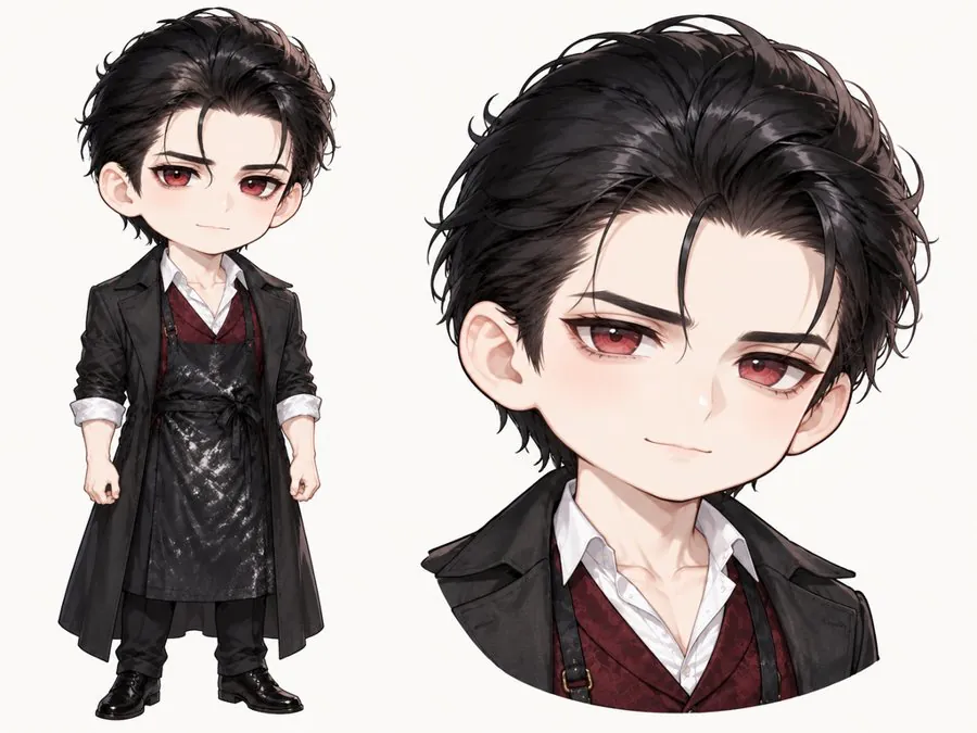 Dorian Vale reference sheet in chibi style