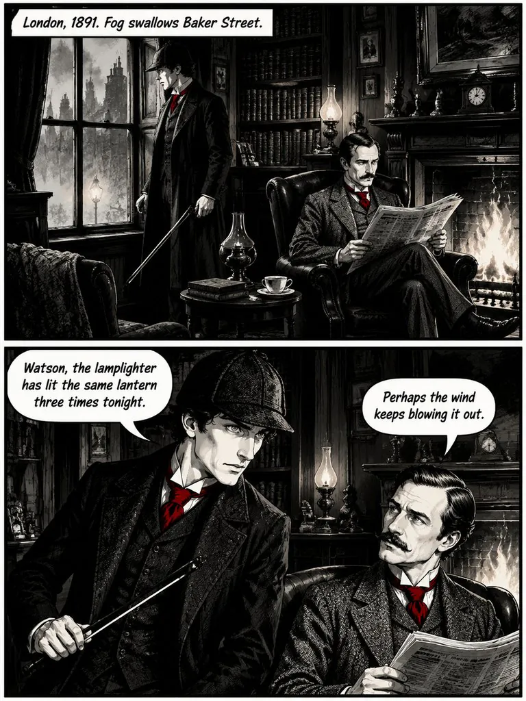The Lantern on Baker Street, page 1: Sherlock Holmes notices a lantern lit three times in one night and follows it to the river with Dr. Watson.