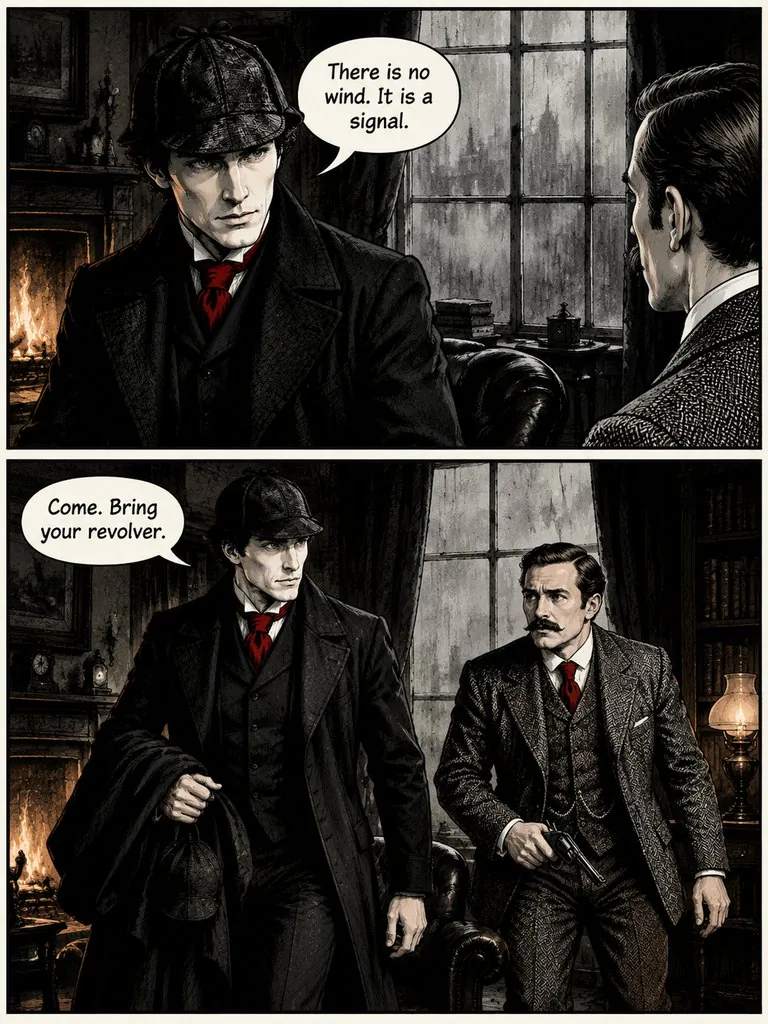 The Lantern on Baker Street, page 2: Sherlock Holmes notices a lantern lit three times in one night and follows it to the river with Dr. Watson.