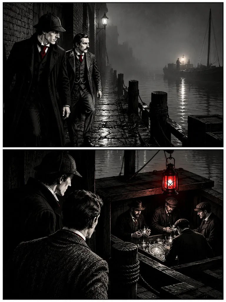 The Lantern on Baker Street, page 3: Sherlock Holmes notices a lantern lit three times in one night and follows it to the river with Dr. Watson.