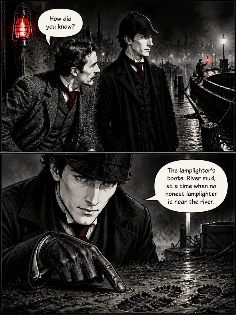 The Lantern on Baker Street, page 4: Sherlock Holmes notices a lantern lit three times in one night and follows it to the river with Dr. Watson.