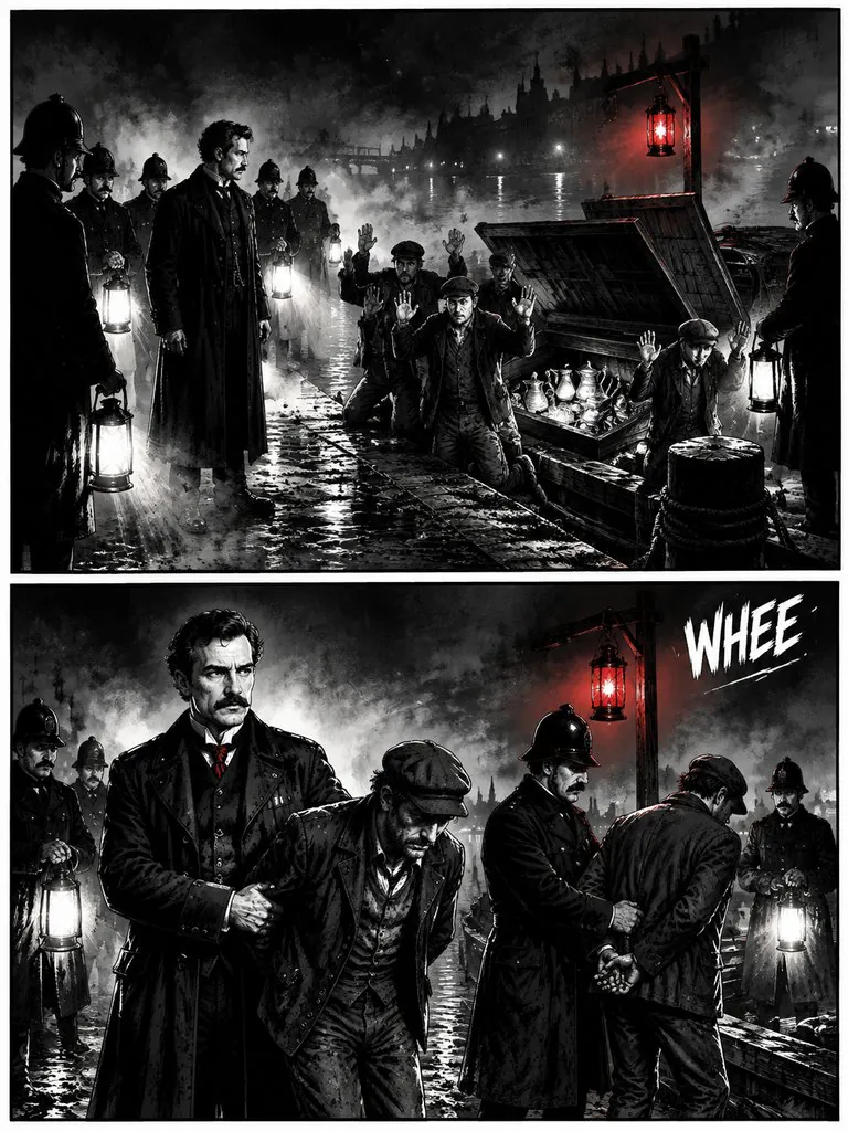 The Lantern on Baker Street, page 5: Sherlock Holmes notices a lantern lit three times in one night and follows it to the river with Dr. Watson.