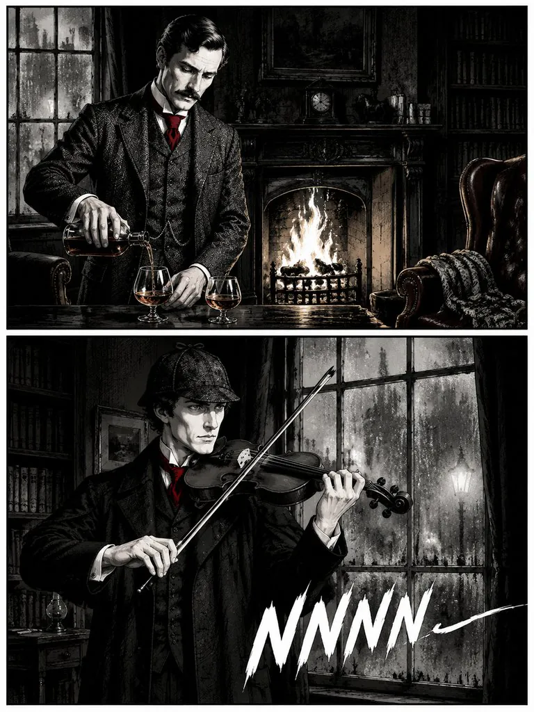 The Lantern on Baker Street, page 6: Sherlock Holmes notices a lantern lit three times in one night and follows it to the river with Dr. Watson.