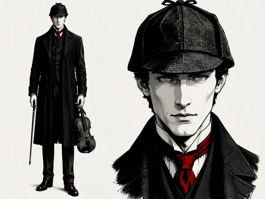 Reference sheet for Sherlock Holmes in noir ink style