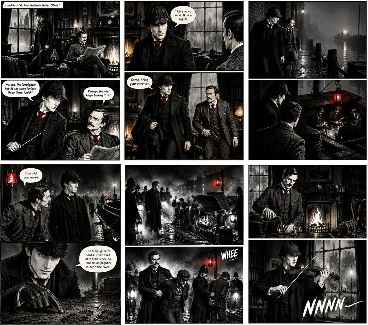 All six pages of The Lantern on Baker Street side by side, with Holmes and Watson drawn the same on every page