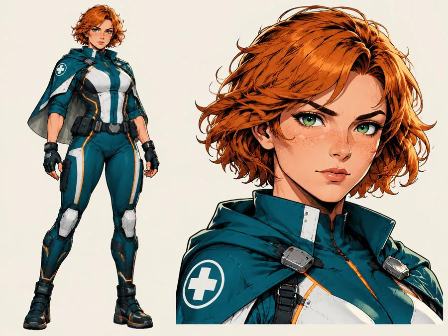 Reference sheet for Nova Ashby in American comic style