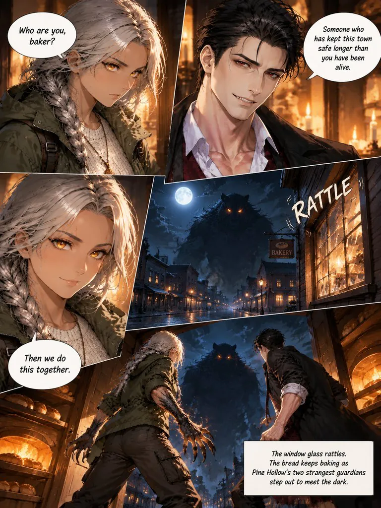 Guardians of Pine Hollow, page 4: A werewolf ranger and a vampire baker find out they guard the same mountain town on the night something worse comes out of the pines.