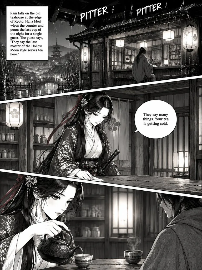 The Last Teahouse Blade, page 1: A swordsman comes to a Kyoto teahouse looking for the last master of a forbidden style. The owner answers with a tea whisk.
