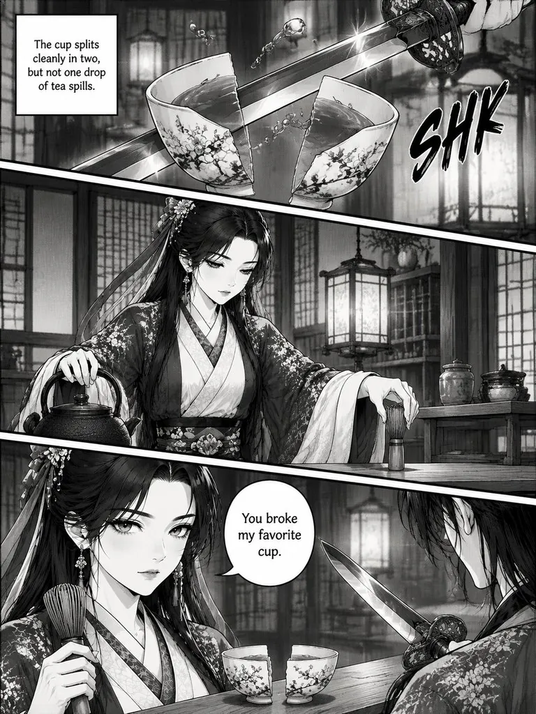 The Last Teahouse Blade, page 2: A swordsman comes to a Kyoto teahouse looking for the last master of a forbidden style. The owner answers with a tea whisk.
