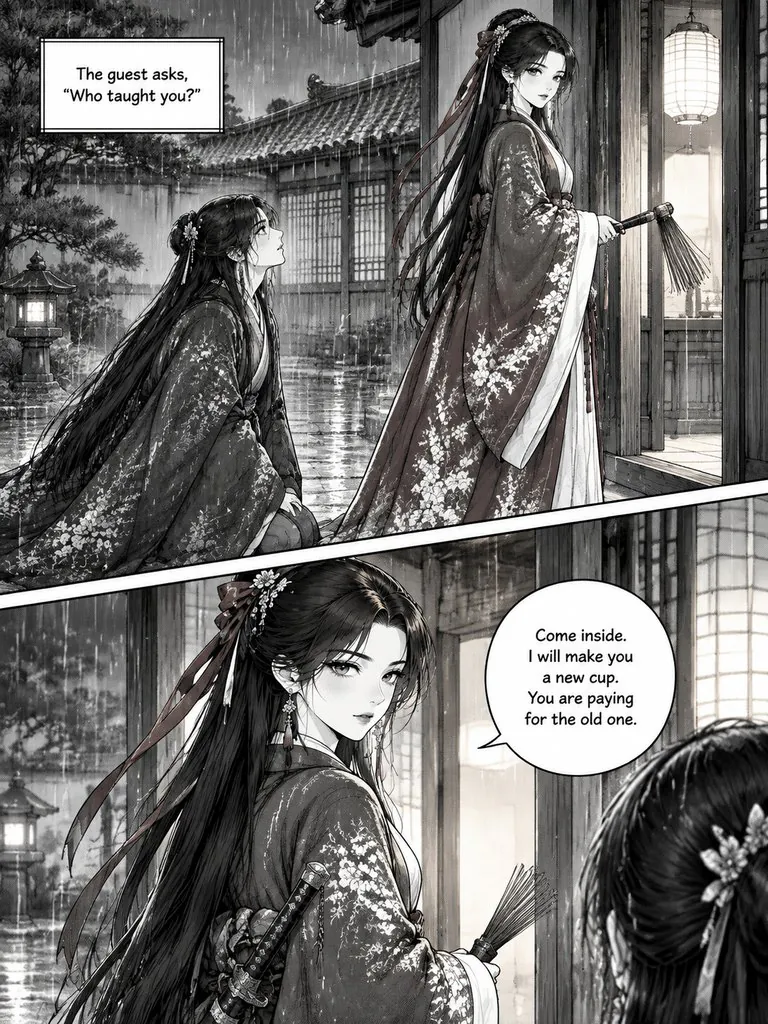 The Last Teahouse Blade, page 4: A swordsman comes to a Kyoto teahouse looking for the last master of a forbidden style. The owner answers with a tea whisk.