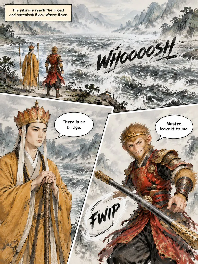 The Monkey King and the River Dragon, page 1: Sun Wukong takes on a black dragon that will not let the pilgrims cross its river — and finds out why it guards the water.