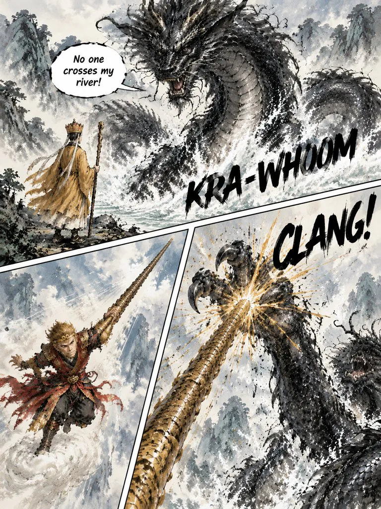 The Monkey King and the River Dragon, page 2: Sun Wukong takes on a black dragon that will not let the pilgrims cross its river — and finds out why it guards the water.