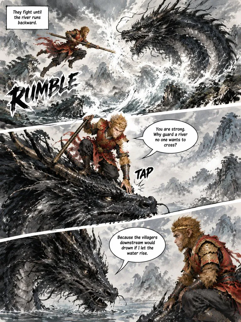 The Monkey King and the River Dragon, page 3: Sun Wukong takes on a black dragon that will not let the pilgrims cross its river — and finds out why it guards the water.