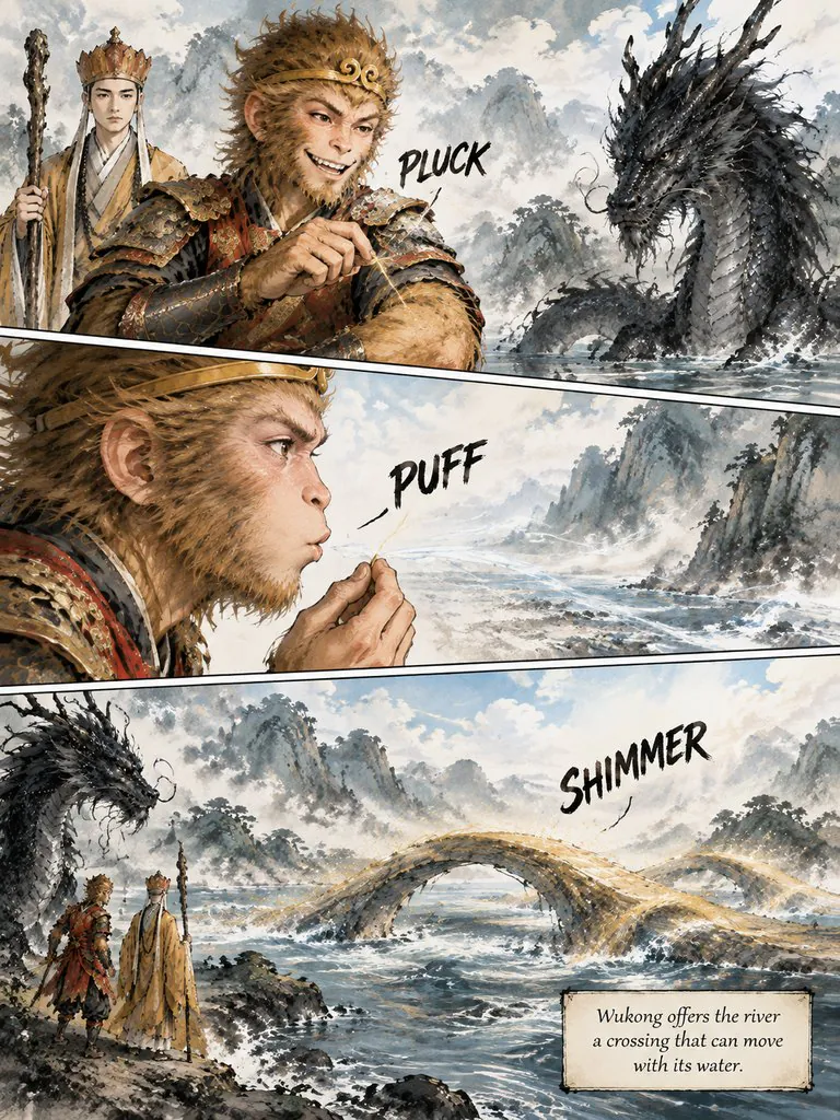 The Monkey King and the River Dragon, page 4: Sun Wukong takes on a black dragon that will not let the pilgrims cross its river — and finds out why it guards the water.