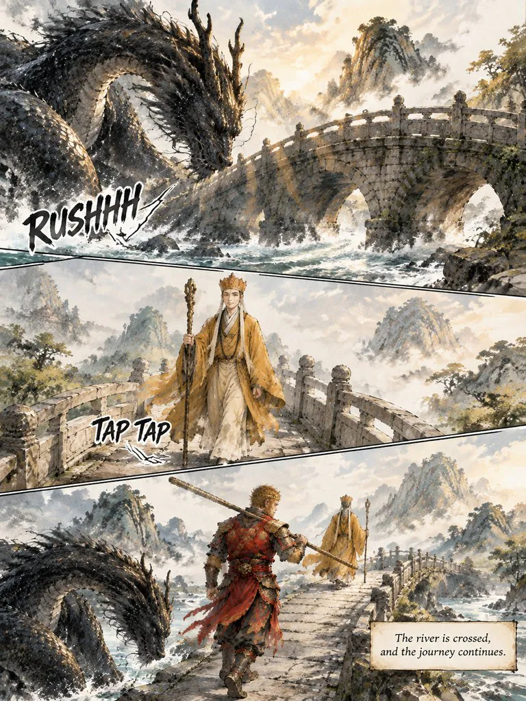 The Monkey King and the River Dragon, page 5: Sun Wukong takes on a black dragon that will not let the pilgrims cross its river — and finds out why it guards the water.